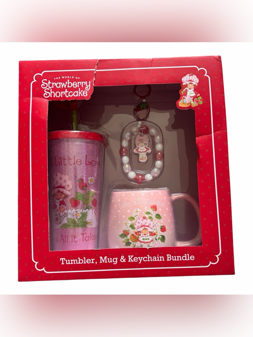 Strawberry Shortcake 3-Pc Drinkware Bundle Set - Pink Glitter Tumbler & Mug new
